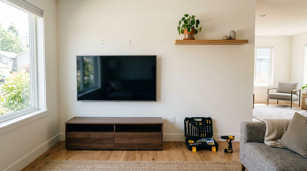 A wall with a mounted TV and a floating shelf